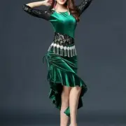 Lady Dance Dress Lace Velvet Spliced Ruffle Slim Latin Tango Salsa Rumba Costume