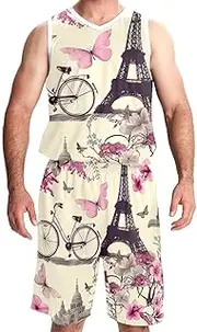 [FNETJXF] Basketball Jersey and Shorts, Jersey Shorts Outfit Set, Men's Lightweight Rec Tanks, Paris Pink Eiffel Tower