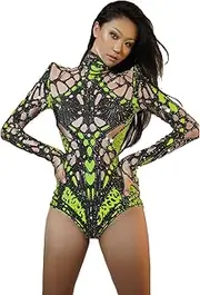 [JUBAODS] Rhinestone Long Sleeve High Neckline Bodysuit Birthday Party Nightclub Pole Dance Singer Performance Stage Costume