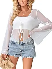 [ZAFUL] Women Tie Front Cardigan Long Sleeve Sheer Mesh Shrug Tie Top Lightweight Bolero Shrugs for Dresses Cover Ups