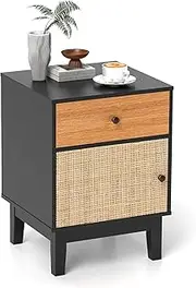 Giantex Rattan Nightstand, Mid Century Modern Bedside Table with Storage Drawer & Cabinet, Boho End Table with Solid Wood Legs for Living Room, Bedroom, Black & Brown