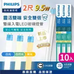 【PHILIPS 飛利浦】10支入 T8 2尺 9.5W 雙端入電LED玻璃燈管 全電壓(白光 自然光 黃光)