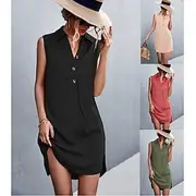 Women's Mini Dress Sundress Summer Dress Casual Daily Regular Fit Solid Color Sleeveless Shirt Collar ArmyGreen Black Red Beige Summer