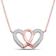 10k Rose Gold Diamond Double Heart Awareness Ribbon Pendant Necklace 1/10 Cttw