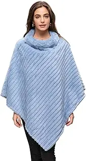 [Gloop] Women's Elegant Winter Faux Fur Poncho Round Neck Jacket Thick Cape Warm Knitted Fur, denim blue, One size