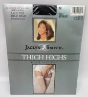 Jaclyn Smith THIGH HIGHS Size A JET BLACK 20 Denier Lycra Lace Top Sandalfoot