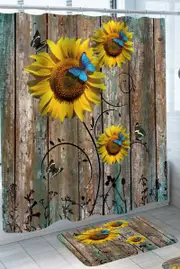 Sunflowers and Butterflies on Worn Out Wood Shower Curtain