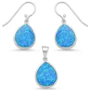 Blue Opal Pear Shape Dangling Earring & Pendanr .925 Sterling Silver Set