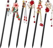 WILLBOND 6 Pcs Chinese Hair Chopsticks for Women Wooden Hair Accessories Japanese Floral Sticks Retro Tassel Flower Vintage Hairpins Handmade for Women Long Curly(Elegant Style)