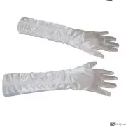 Elegant Long Elbow Length Silk Gathered Costume Gloves, White, One-Size
