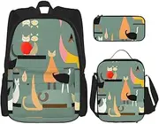 3pcs Backpack Sets, Mid-Century Modern Art Cats Printed Backpacks Set With Lunch Bag Pencil Pouch