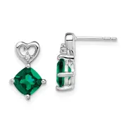 14k White Gold Created Emerald and Real Diamond Heart Earrings