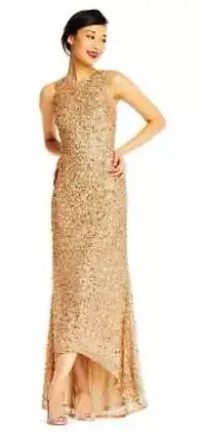 ADRIANNA PAPELL Sequin High/Low Gown Gold sz 4 NWT WEDDING MOB PROM Bridesmaid