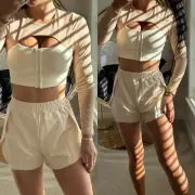 Women's Yoga Outfit 2 Piece Long Sleeve Crop Top zip shorts Workout Set