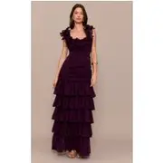 Wine Chiffon Ruched Ruffle Maxi Dress, Wine