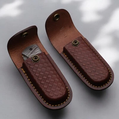 5.2" Pocket Folding Knife Sheath Holder Brown Weave Leather Belt Case Metal Snap