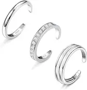 [Sllaiss] 3Pcs S925 Toe Rings Sterling Silver Adjustable Open Toe Rings Set Cubic Zirconia Toe Rings White Gold Plated Summer Beach Foot Jewelry Stacking Knuckle Rings for Women