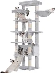 Heybly Tall Cat Tree, 200cm Multi-Level Cat Tower for Indoor Cats,2 Widened Plush Perches Cat Condo with Scracthing Board and Big Caves,Light Gray HCT033W
