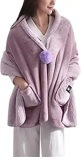 [DSAoTeng] Women with Pompom Wearable Fleece Cape Blanket-Soft Cozy Thick Warm Sherpa Shawl Wrap Poncho for Winter Home Office Travel Camping