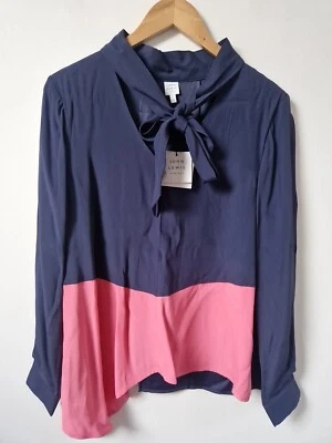 John Lewis & Partners Block Colour Floaty Relaxed Fit Blouse Top Tie Neck...