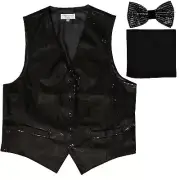 New formal Men's Sequins Black Tuxedo vest Waistcoat_bowtie & black hankie party