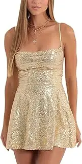 [ZPLxi] Womens Tassel Sequin Dress Spaghetti Strap Backless Sequin Sparkly Glitter Mini Dresses Party Club Bodycon Dress