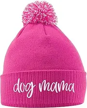[Purple Print House] Dog Mama Bobble Hat, Dog Walking Accessories Birthday Gifts for Dog Mum Warm Winter Knitted Beanie Hat with Faux Fur Pom Pom for Womens Girls Mothers Day