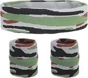 [uxcell] Sweat Band Set Sports Terry Cloth Headband Wristband Set 8"x2" Moisture Wicking Sweat Absorbing Head Band for Women Men Workout Exercise (Striped Camouflage Green/Gray)