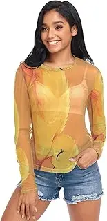 [RPLIFE] Black with Red Flowers Mesh Sleeve Top, Womens Sheer Tops