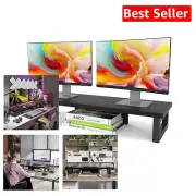 Ergonomic Double Monitor Stand with Rustic Brown Finish & Multi-Purpose Storage