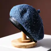 Women Classic Sequin Denim Beret Hat PU Leather Brim Painter Brimless Cap