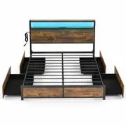 Costway Queen Size Metal Bed Frame w/LED & Storage Headboard & 4 Drawers