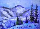 Winter Mountain Landscape Painting Snowy Peaks Pine Trees Tranquil Blue Sky