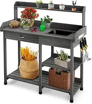 Giantex Garden Potting Bench Table, Wooden Potting Work Table w/Open Shelves, Hooks, Removable Sink & Drawer, Outdoor Flower Pot Bench for Garden Yard Balcony, Fir Wood Structure (Grey)