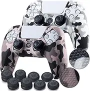 Grip Texture Silicone Skin for PS5 Dualsense Controller x 2(Print White+Champagne Gold with Pro Thumb Grips x 8