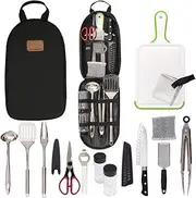 Gold Armour 13-Piece Camp Cooking Utensils Kit for Camping BBQ Cookware | Knife Cutting Board Stainless-Steel Tongs Scissors Spatula Ladle Steak Fork Grater Can Opener Spice Shakers & Travel Case