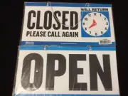 Open Closed Sign Chain 2 sided 11.5 x 6. Business Hours ONE FREE SUCTION CUP