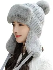 [YWINETO] Faux Fur Trapper Hat for Women Russian Bomber Hats Trooper Winter Ushanka Hat Windproof Warm Thick Snow Skiing Cycling Hunting Aviator Hat Ear Flaps Hat Earflap Cap Thermal Cold Weather Fisherman Cap, Grey, L-XL
