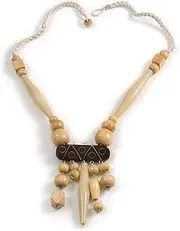 [Avalaya] Tribal Wood/Ceramic Beaded Necklace, Cotton Cord in Natural/Brown - 60cm Long/ 10cm Long Front Drop, cords