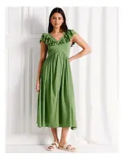 [Tokito] Cotton Blend Ruffle V-Neck Midi Dress in Green