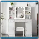 Large Dressing Table LED Makeup Mirror Stool Set With Mirror Drawers Vanity Desk