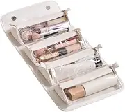 Rukjmqi Roll Up Makeup Bag, Large Capacity Leather Waterproof Cosmetic and Makeup Bag, 4 Detachable Clear Compartment Open Flat Travel Accessories Organizer, Portable Cosmetic Bags with Handle for