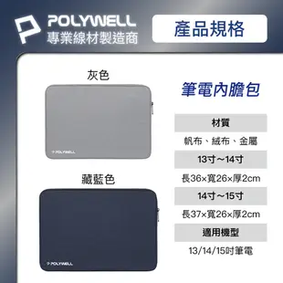 POLYWELL 筆電內膽包 筆電套 筆電包 保護套 帆布材質 絨毛內裡 可容納13~15吋筆電 寶利威爾 台灣現貨