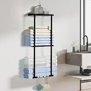 Towel Rack for Bathroom Wall Mounted Towel Rack No Punch 3-Tier Bathroom Towel Rack with Metal and 3 Hooks Bathroom Towel Storage Rack 80X26X14CM (Black)