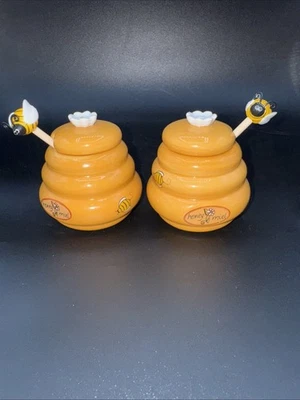 Beehive Bee Honey Jar Pot & Dipper Stirrer Ceramic Flowers Sweet Hive Set Of 2