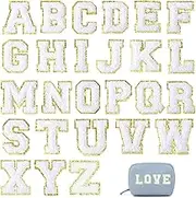 26 PCS Wron hite IOn Letter Patches, A-Z Self Adhesive on Chenille Letters Patches Applique Sewing Clothing Badges with Glitters Border for DIY Shirts Jackets Jeans Fabric Shoes Bags Hats, 8cm/3.14in