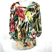 Chico's 0 Crepe Blouse Sz 4-6 Tie Front Top Floral Print 3/4 Sleeve V Neck NEW
