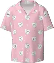 [CADREWY] Pomeranians Puppies and Point Print Men's Lightweight Stylish Classic Cuban Collar Style Short Sleeve Practical Pocket