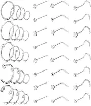 [Kakonia] 20G Nose Rings Hoop Silver L Shape Nose Studs 316L Stainless Steel Nose Studs Screw Nose Piercings Jewellery 44Pcs