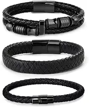 [TRLOVE] 3 PCS Stainless Steel Clasp Leather Bracelets for Men Wrap Brai Leather Bracelets Wrist Cuff Bangle 7.5-9.0 Inch